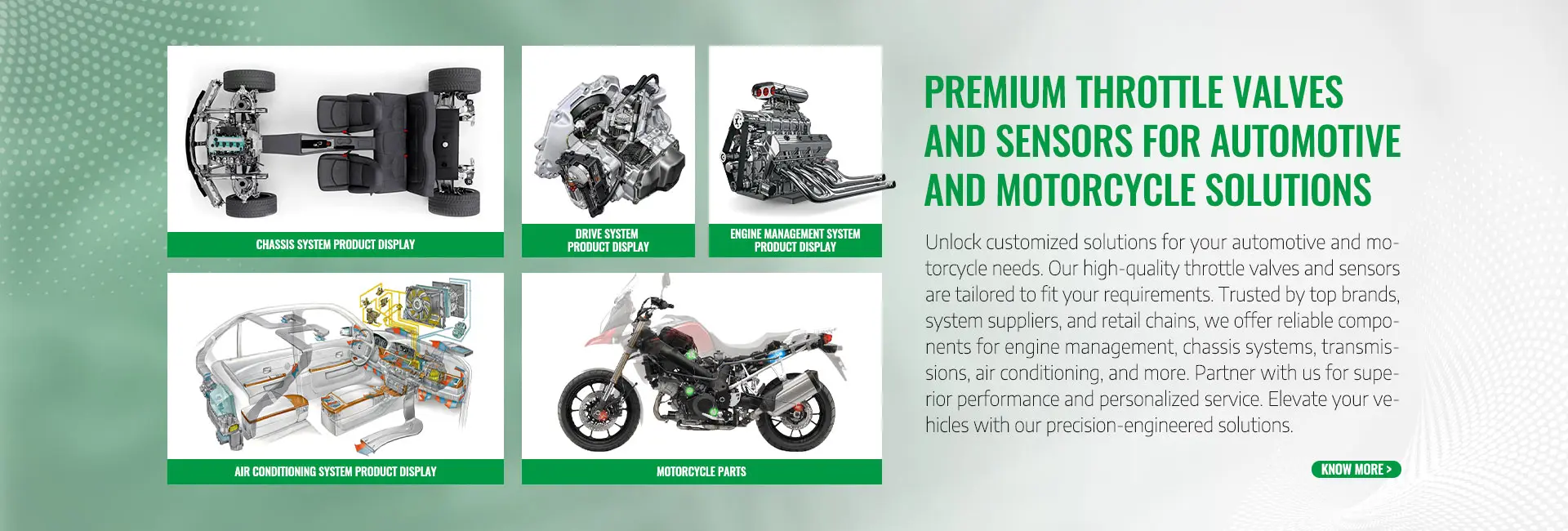 Automotive and motorcycle parts solutions - throttle valves, sensors, engine management, chassis, transmission systems